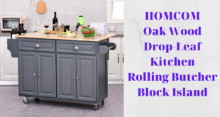 HOMCOM Oak Wood Drop-Leaf Kitchen Rolling Butcher Block Island with Storage – Grey